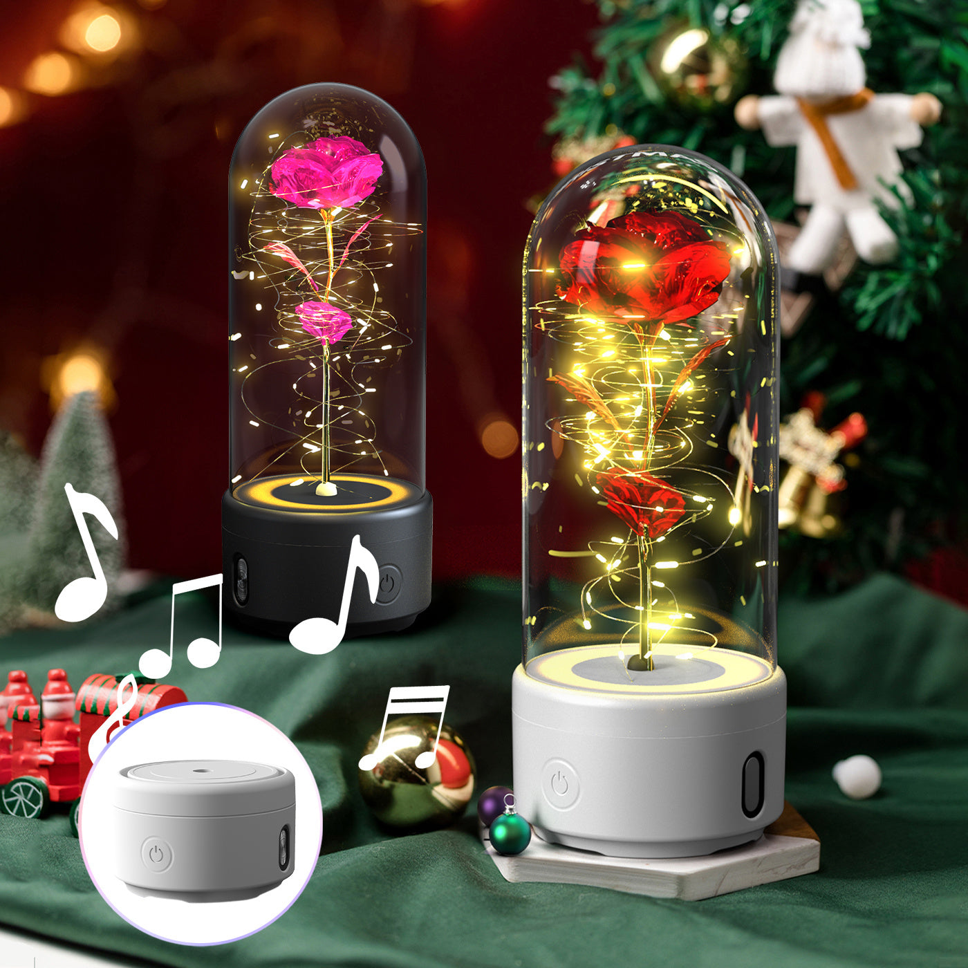 Valentines 2 In 1 Rose Flowers Luminous LED Night Light Bluetooth-Compatible Speaker Gift Glass Cover