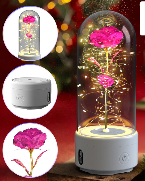 Valentines 2 In 1 Rose Flowers Luminous LED Night Light Bluetooth-Compatible Speaker Gift Glass Cover