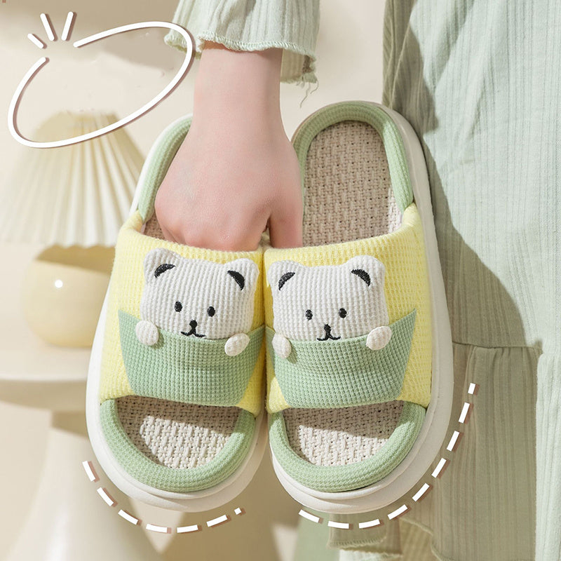 Cute Cartoon Bear Spring Fashion Slippers Thick-Soled Mute Linen Slipper