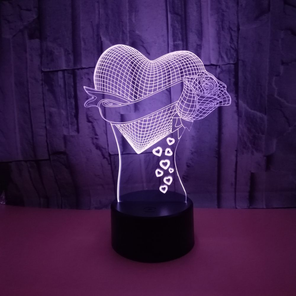 Valentines Gift Custom Loving Heart With Rose 3D Effect Optical Illusion Table Lamp