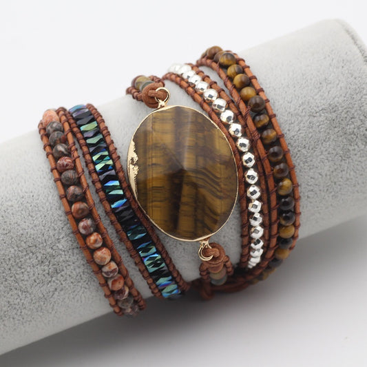 Natural Stone Bracelet for Men and Women Tiger Eye Beaded Hand-woven Leather Bracelet Punk Rock Couples Hand Accessories