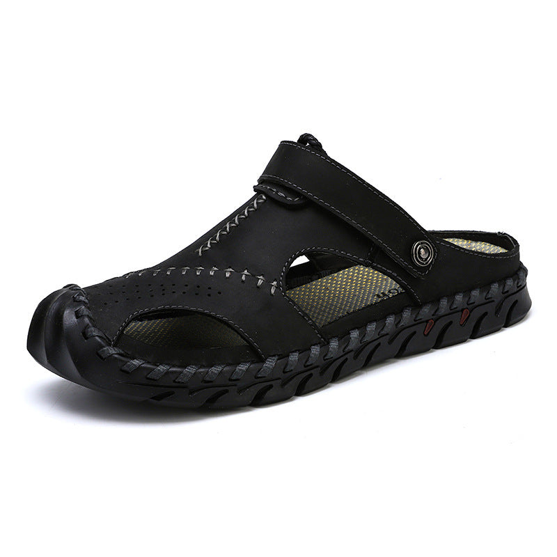 Men's Large Size Breathable Slippers Two-layer Leather Casual Shoes Summer Beach Shoes Men
