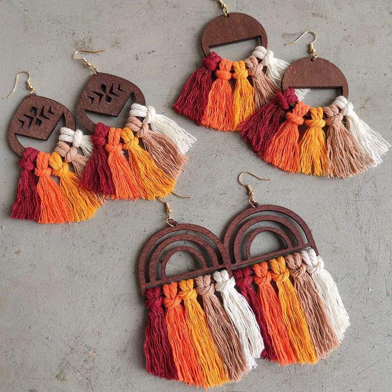 Handmade Wooden Bohemian Woven Tassel Earrings Fashion