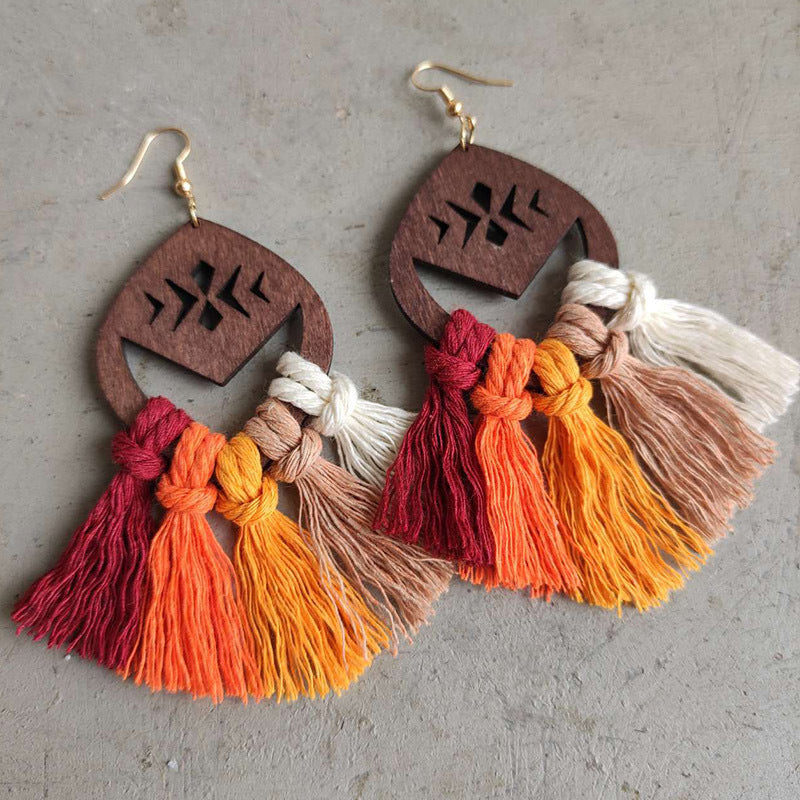 Handmade Wooden Bohemian Woven Tassel Earrings Fashion