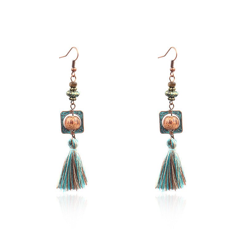 Handmade Beaded Long Tassel Shell Retro Wooden Earrings