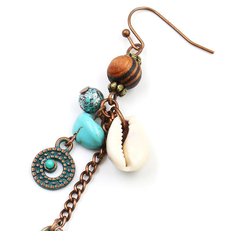 Handmade Beaded Long Tassel Shell Retro Wooden Earrings