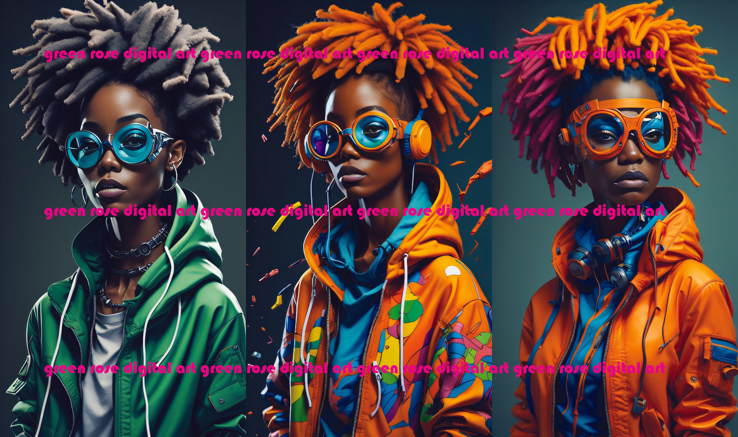19 pièces « CyberPunk Afro Black Girl » Portrait futuriste spécial conception d’art graphique