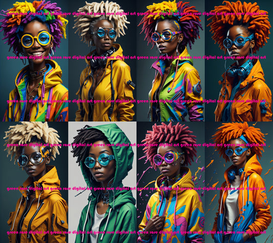19 pièces « CyberPunk Afro Black Girl » Portrait futuriste spécial conception d’art graphique