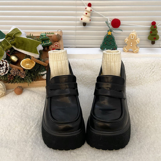 Short Heel British Platform Loafers Leather Shoes