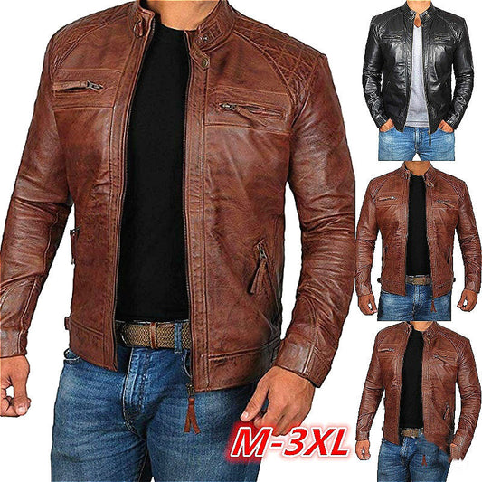 European And American Men's Leather Jacket Male Youth Stand Up Collar