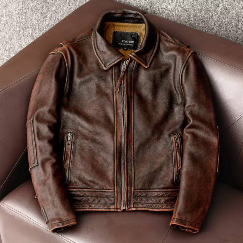 Men's Fashionable Vintage Distressed Cowhide Leather Jacket