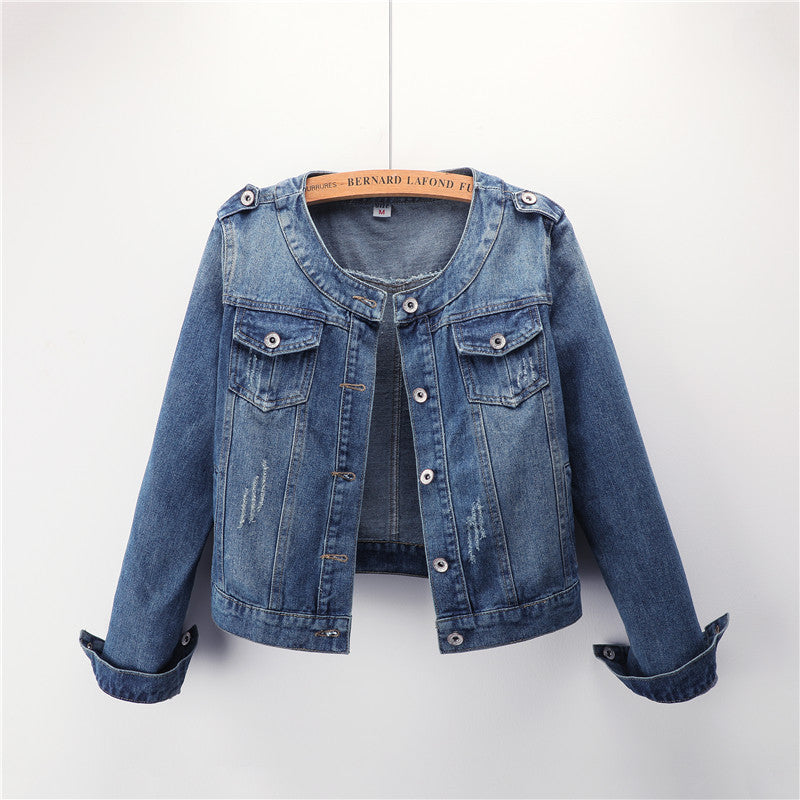 Round Neck Casual Short Denim Jacket
