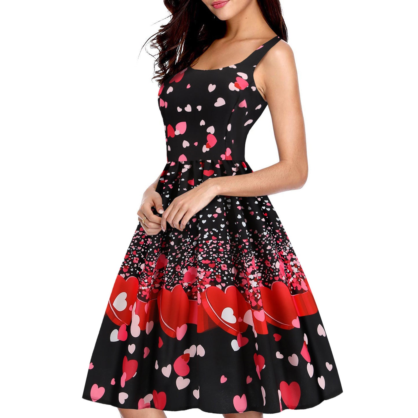 Valentines Day Temperament Stitching Heart Shaped Print Swing Dress