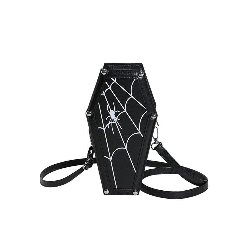 Halloween Coffin-Shape Shoulder Bag Gothic Ghost Spider Web Messenger Crossbody Phone Bag