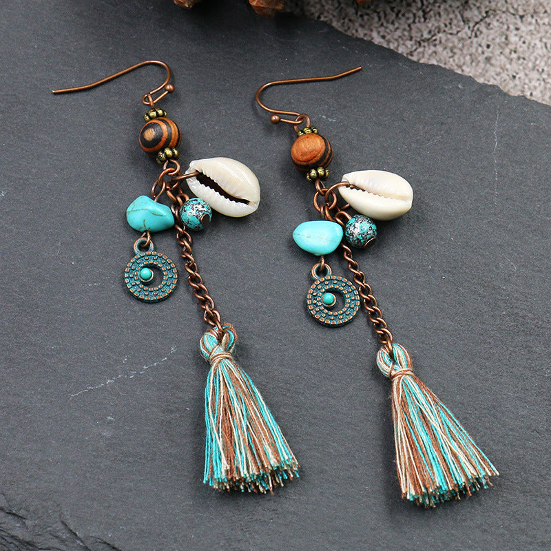 Handmade Beaded Long Tassel Shell Retro Wooden Earrings