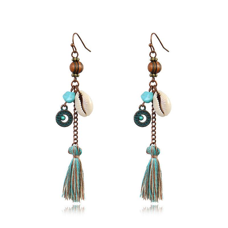 Handmade Beaded Long Tassel Shell Retro Wooden Earrings