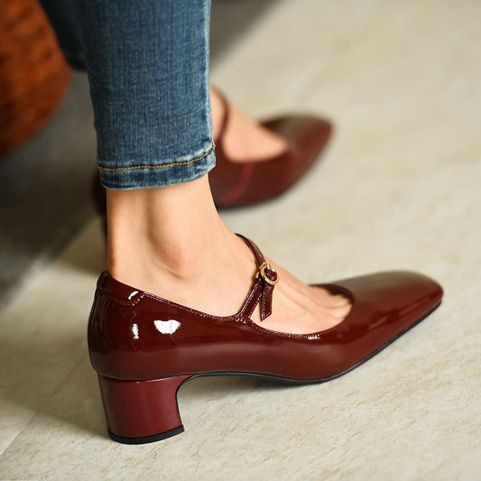 Burgundy Bright Leather Strap Square Toe Shoes
