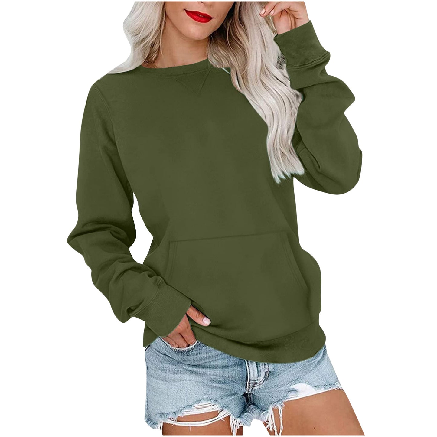 Solid Color Pullover Sweatshirt With Pocket Fashion Loose Round Neck Long Sleeves Top Womens Clothing