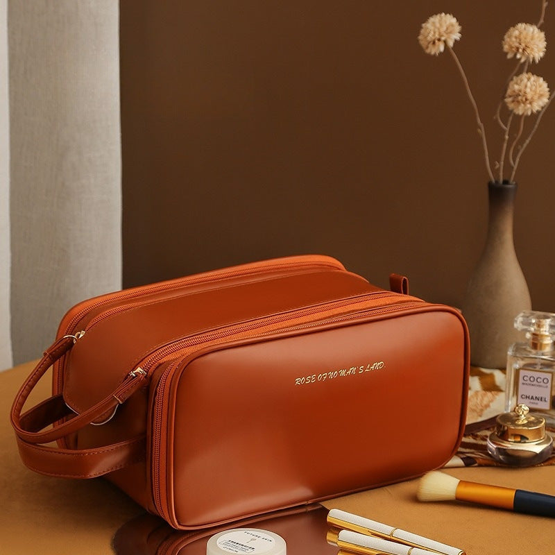 Three-Layer Double Zipper U-Shaped Design Fashion Cosmetic Leather Bag