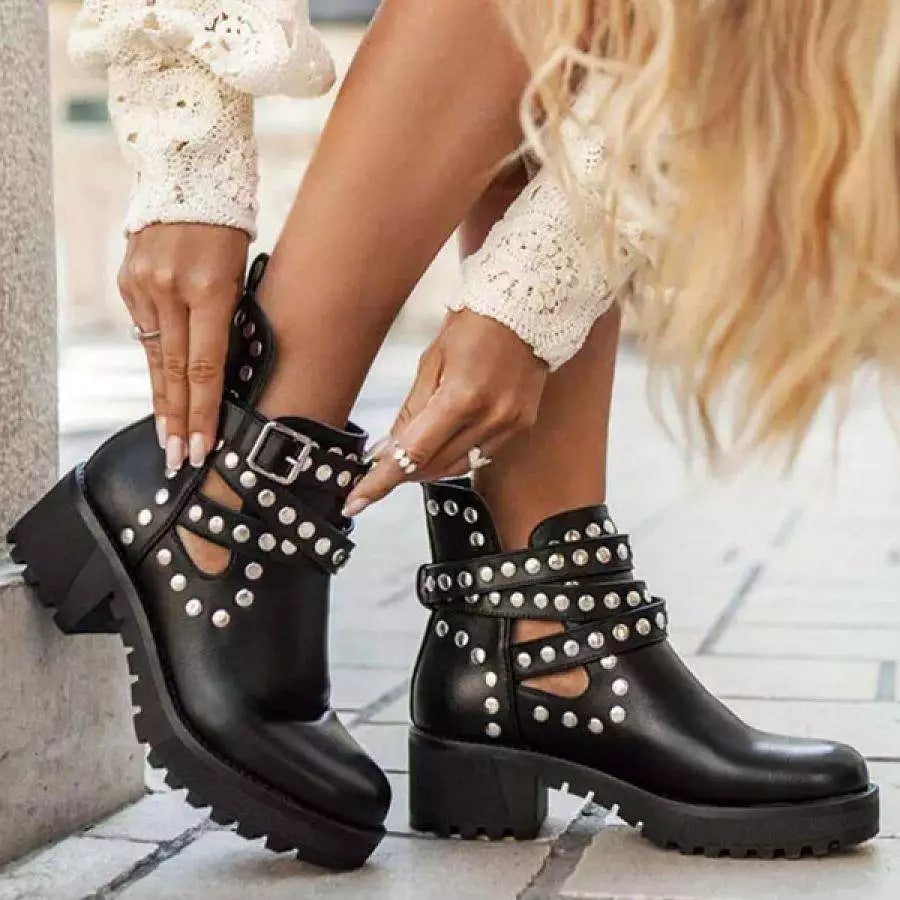 Women's Ankle Boots With Rivet Metal Decorative Strip Straps