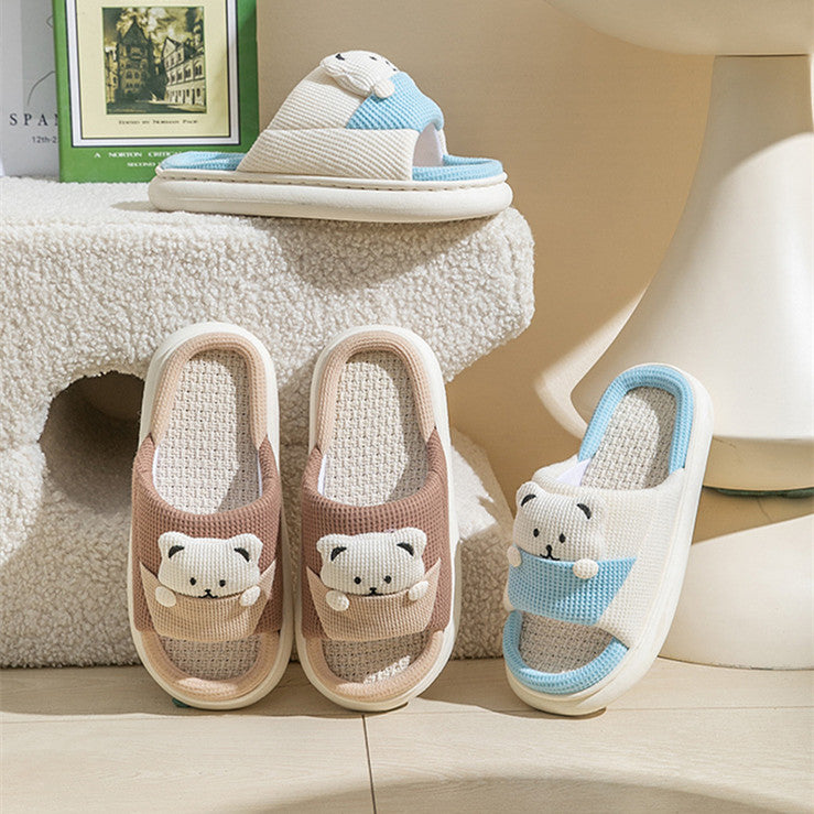 Cute Cartoon Bear Spring Fashion Slippers Thick-Soled Mute Linen Slipper