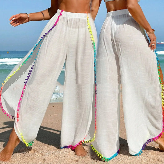 Colorful Tassel Patched Loose Asymmetrical Beach Pants