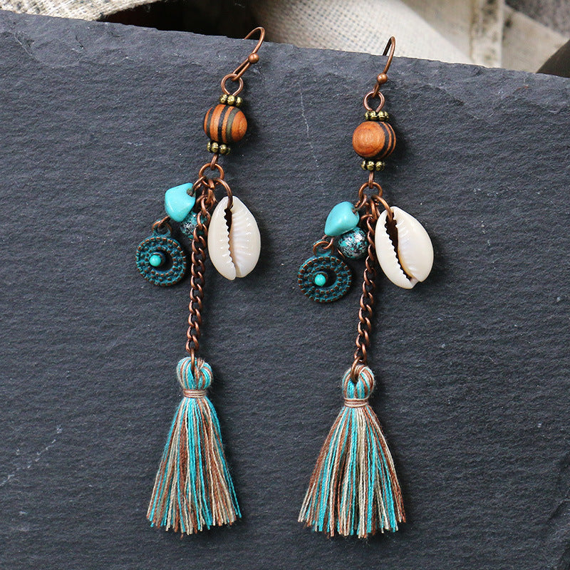 Handmade Beaded Long Tassel Shell Retro Wooden Earrings