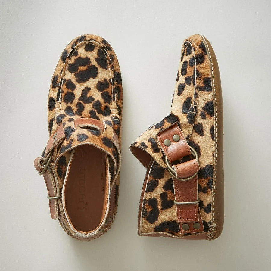 Comfy Leather Leopard Flat Buckle Strap Boots