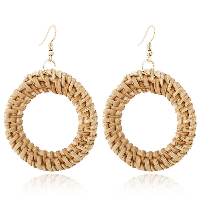 Handmade Bamboo Wood Rattan Straw Woven Geometric Hollow Earrings