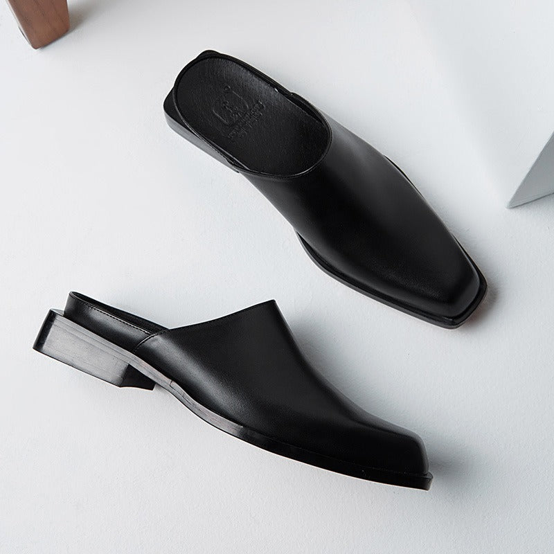 Square Headed Cowhide Leather Slippers with Stylish Hollow Back without Heel