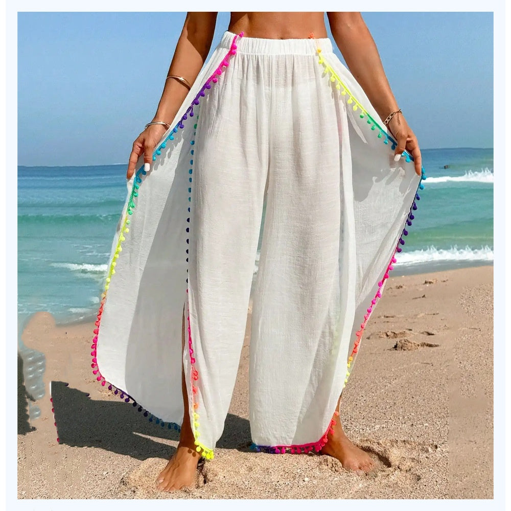 Colorful Tassel Patched Loose Asymmetrical Beach Pants