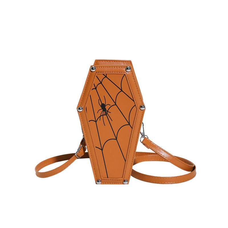 Halloween Coffin-Shape Shoulder Bag Gothic Ghost Spider Web Messenger Crossbody Phone Bag