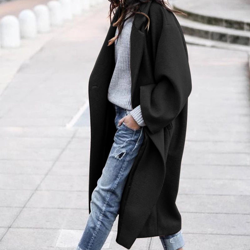 Casual Long Solid Single Breasted Lapel Woolen Jacket with Pockets