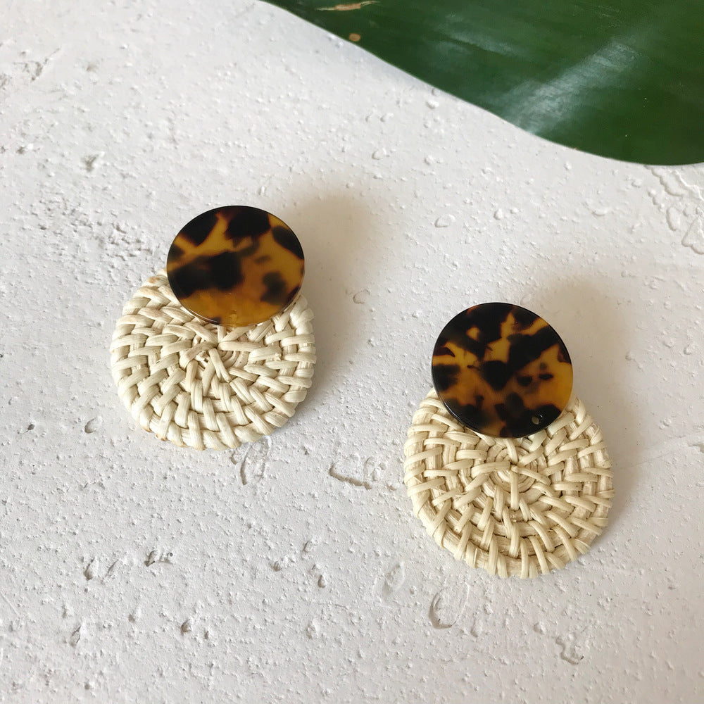 Resin Rattan Earrings Imported Bamboo And Rattan Handmade Leopard Earrings Geometric Round Earrings