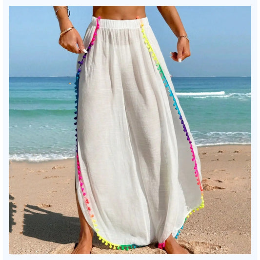 Colorful Tassel Patched Loose Asymmetrical Beach Pants