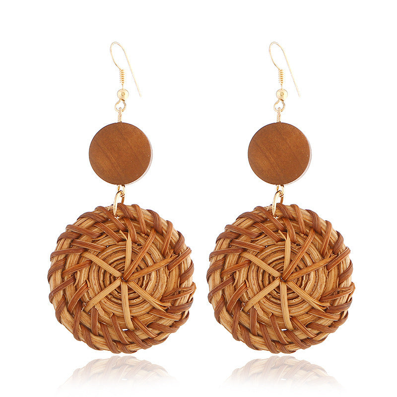 Handmade Bamboo Wood Rattan Straw Woven Geometric Hollow Earrings