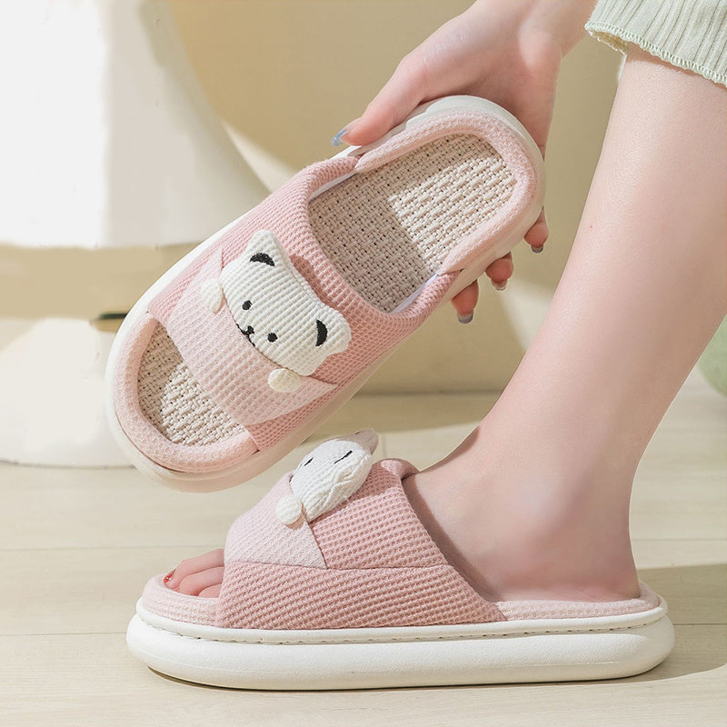 Cute Cartoon Bear Spring Fashion Slippers Thick-Soled Mute Linen Slipper