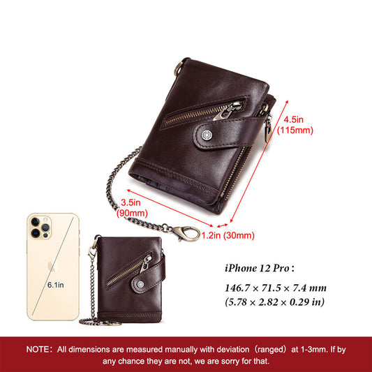 Leather RFID Independent Station Double Zipper Anti-Magnetic Anti-Theft Tri-Fold Wallet