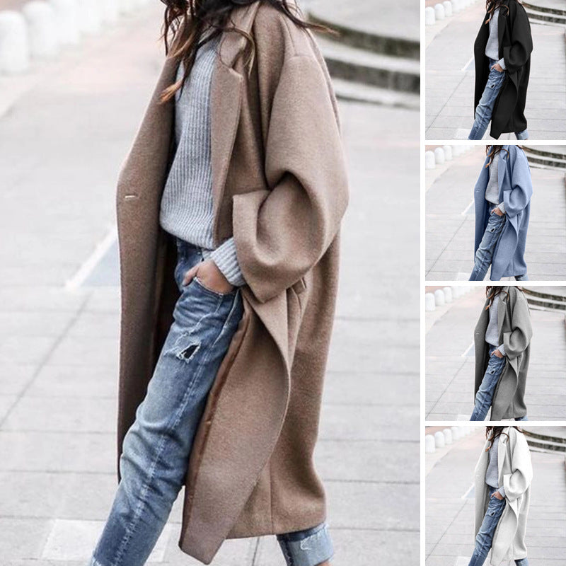 Casual Long Solid Single Breasted Lapel Woolen Jacket with Pockets