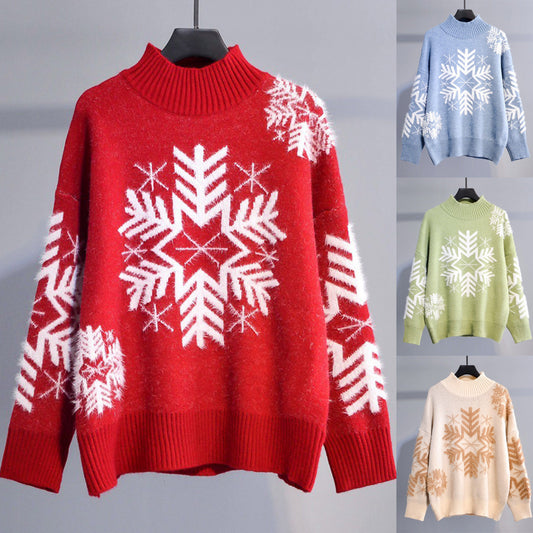 Womens Turtleneck Loose Long Sleeve Knitwear Christmas Pullover Casual Sweater