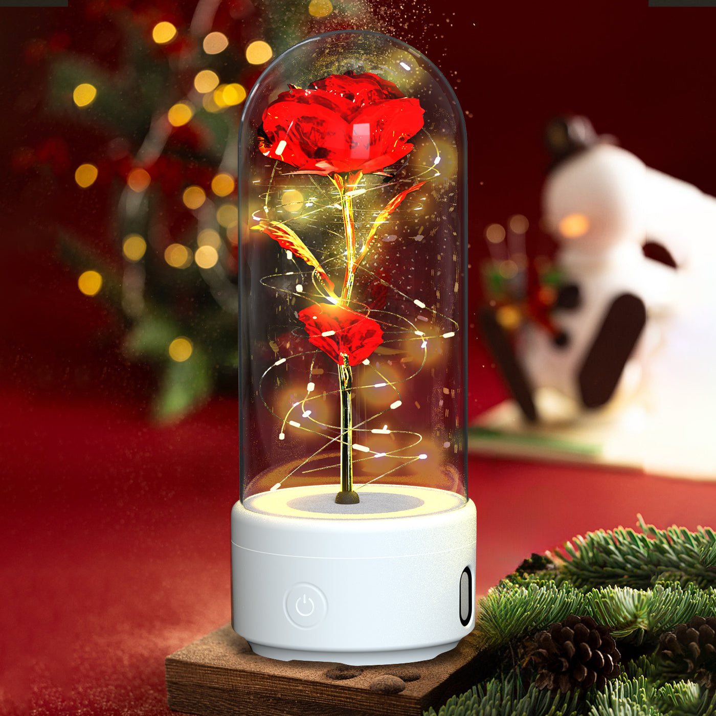 Valentines 2 In 1 Rose Flowers Luminous LED Night Light Bluetooth-Compatible Speaker Gift Glass Cover