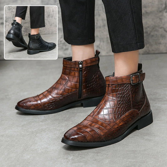 Leather Crocodile Pattern Fashion Pointed Toe Zipper Ankle Boots