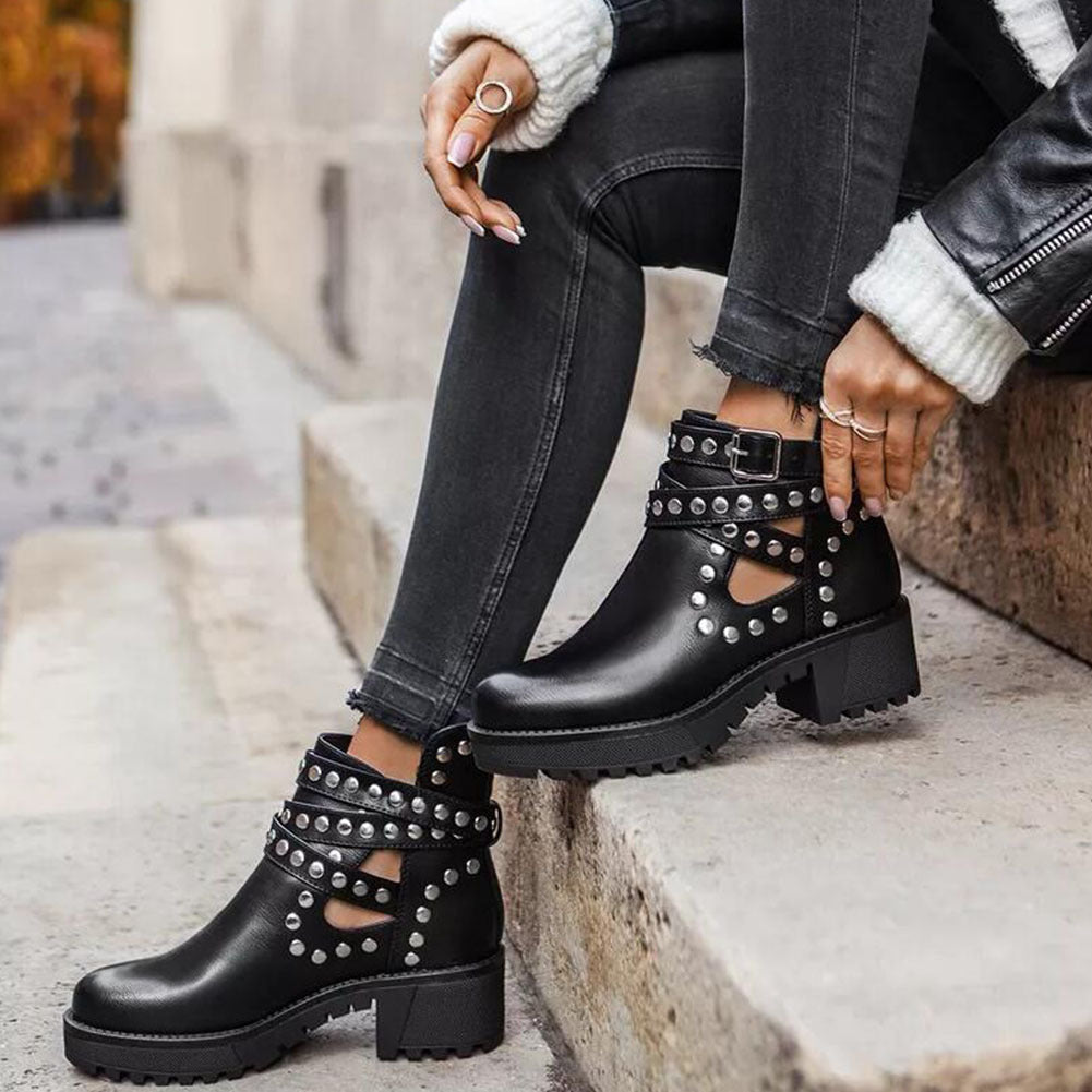 Women's Ankle Boots With Rivet Metal Decorative Strip Straps