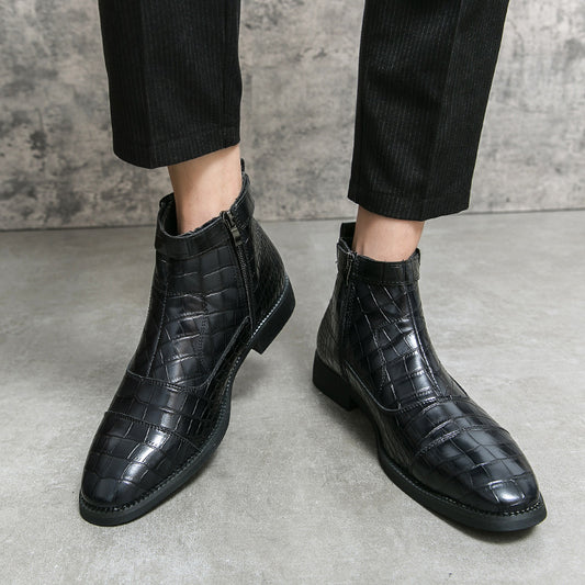 Leather Crocodile Pattern Fashion Pointed Toe Zipper Ankle Boots