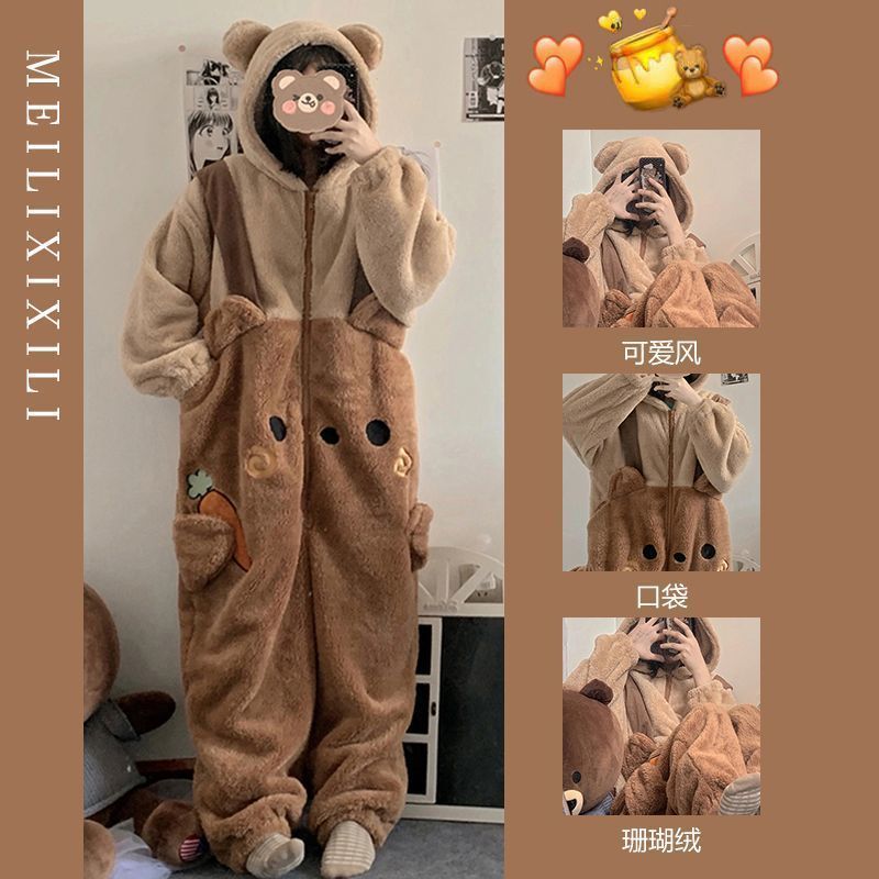 Cute Cartoon Bear One-piece Nightgown Coral Fleece Jumpsuit Homewear Winter Thickened Pajamas For Women