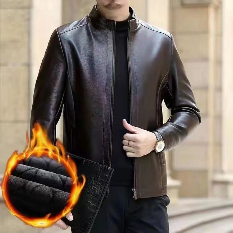 Leather Jacket Fleece Lined with Stand Collar