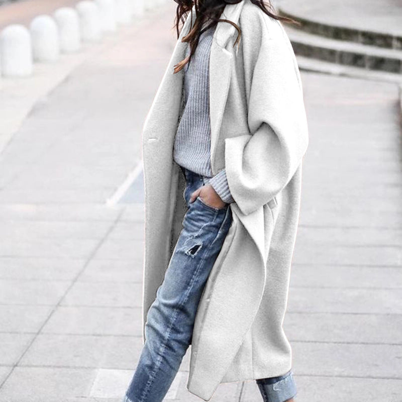 Casual Long Solid Single Breasted Lapel Woolen Jacket with Pockets