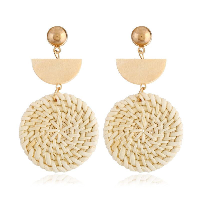 Handmade Bamboo Wood Rattan Straw Woven Geometric Hollow Earrings