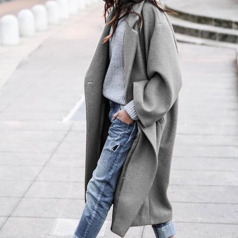 Casual Long Solid Single Breasted Lapel Woolen Jacket with Pockets