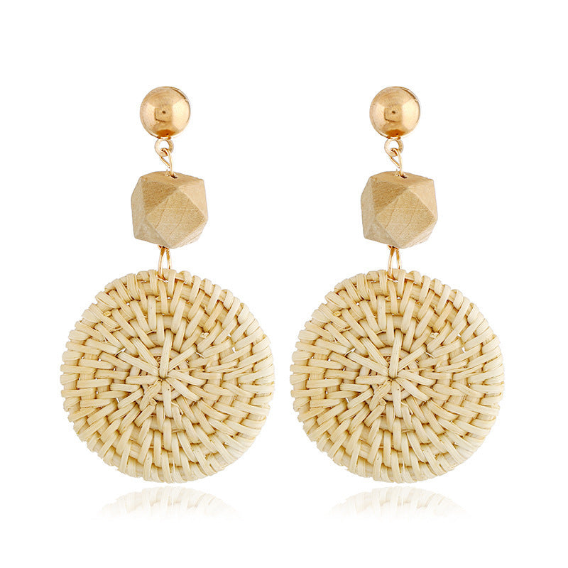 Handmade Bamboo Wood Rattan Straw Woven Geometric Hollow Earrings